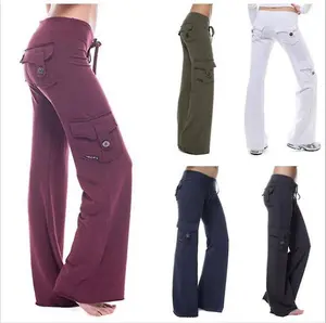 Women's High Waist Cargo Pants with Pockets - Stretchy & Comfortable for Gym Workouts & Casual Wear - Machine Washable Elastic Waist & Wide Leg Design - Versatile Loungewear