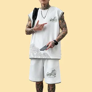 Men’s Sleeveless Tank & Shorts Set Loose Streetwear with Cloud Print Breathable Sportswear for Gym Basketball & Summer Comfortable Hip Hop Loungewear Versatile Outfit Suitable for All Body Types, From Slim to Plus Size, Stylish Tracksuit for Everyday Wear