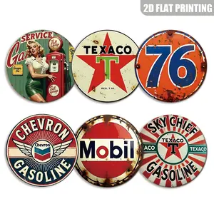 Vintage Metal Gasoline Tin Signs Signage Set, 6pcs Round Wall Art Plaques, Rustic Automotive for Garage & Home, Easy Hang 8x8 Inch, Home Business Decor