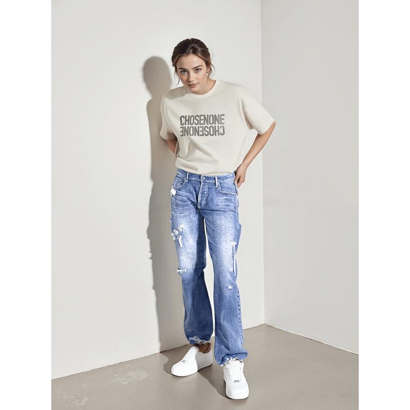 Womens Straight Leg Jeans Button Down Low Rise Ripped Jeans Plus Size Boyfriend Distressed Denim Pants with Pockets