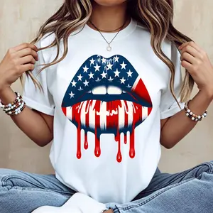 American Flag Lips Print T Shirt White Casual Loose Fit For Everyday Wear And Outdoor Activities
