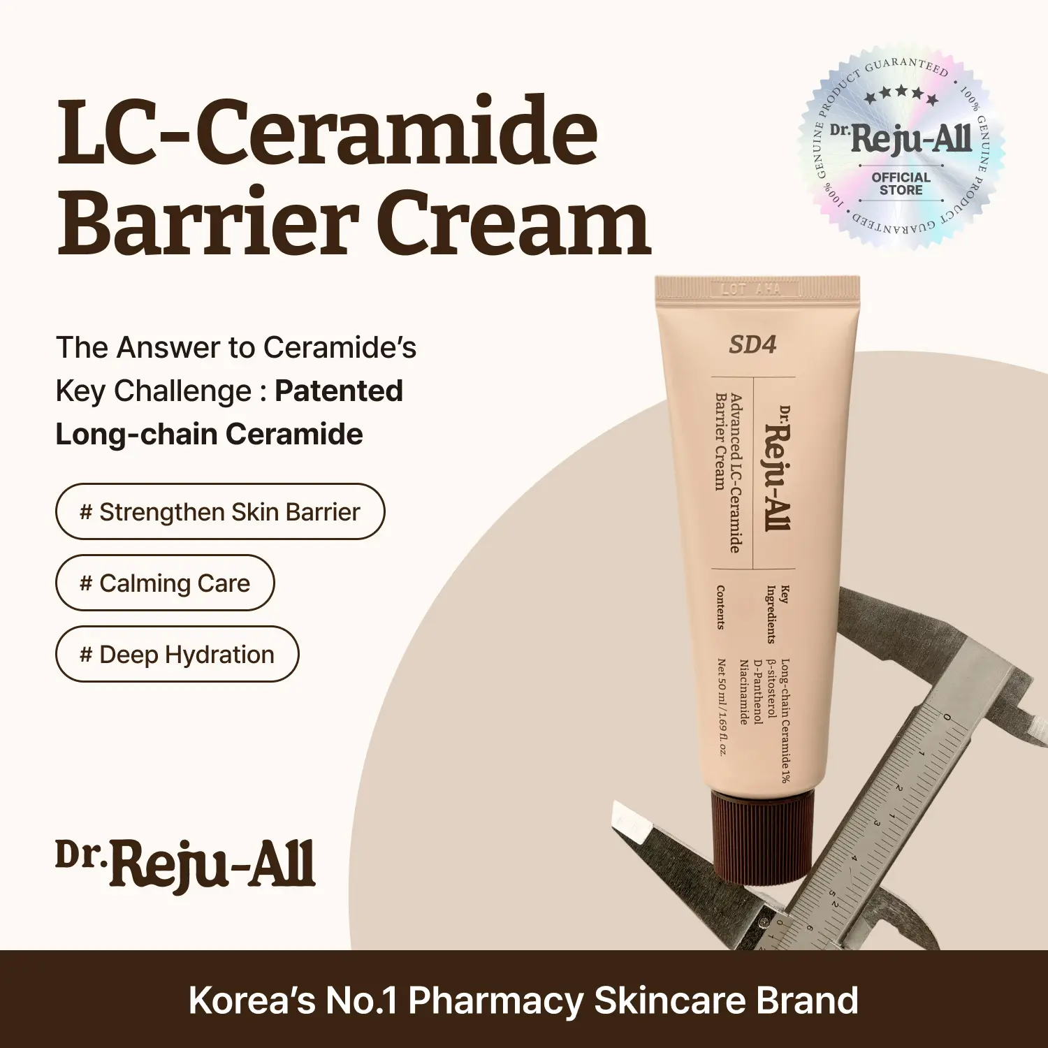 Dr.Reju-All Barrier Cream with Patented Long-Chain Ceramide, Gentle Korean Moisturizer to Hydrate for Smooth, Soft Skin, 1.69 Fl Oz