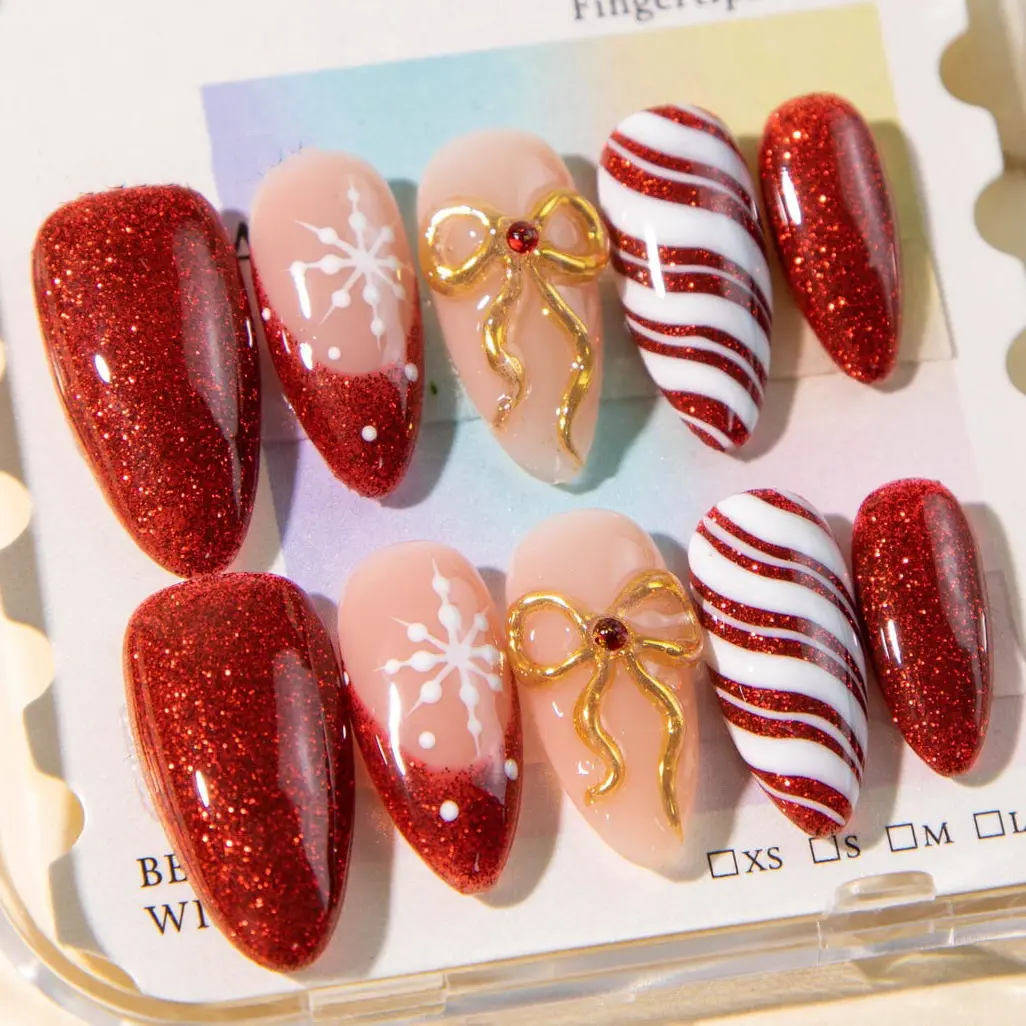Christmas Red Glitter Press On Nails – Candy Cane & Snowflake Nail Art, 3D Gold Bow Holiday Nails, Festive Winter Nail Design Gift Set
