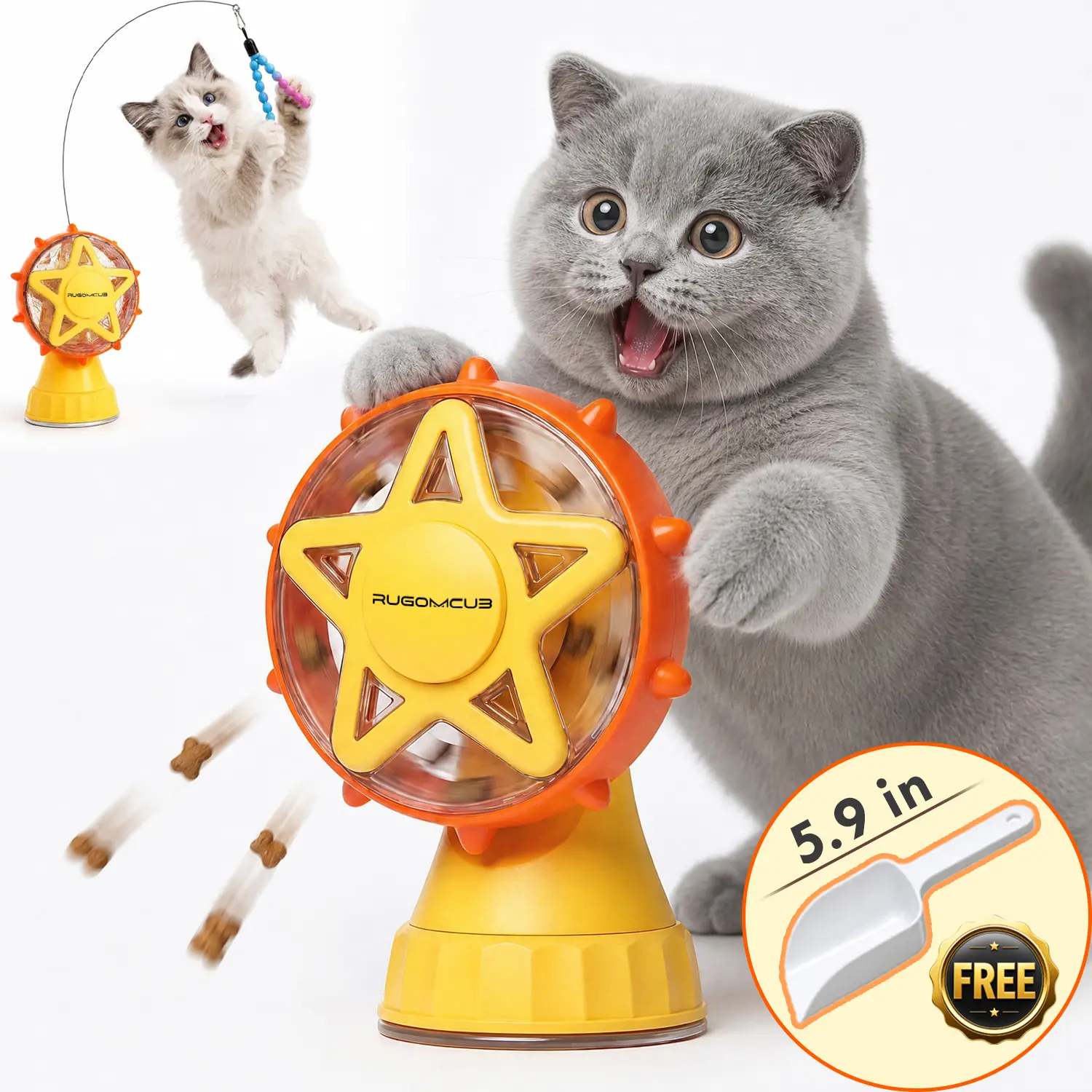 Interactive Ferris Wheel Cat Toy with Treat Dispenser, Teaser Wand & Suction Cup Base for Indoor Cats