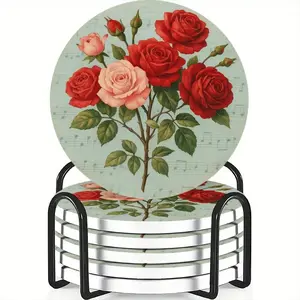 6-piece ceramic coaster set, cup holder, rose bouquet, heat-resistant and non-slip beverage mat, suitable for home and restaurant table decoration, perfect housewarming gift.