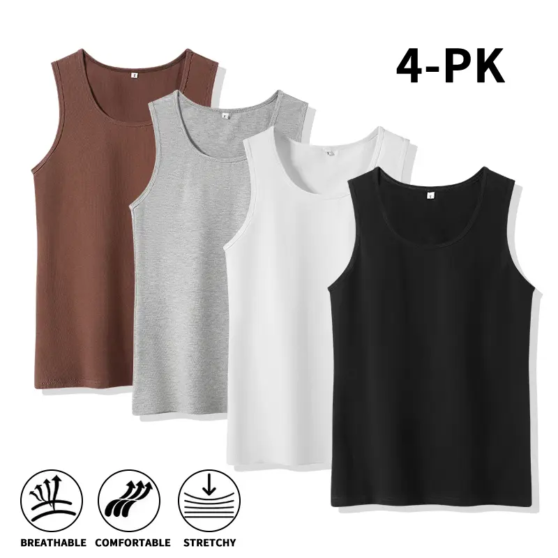 4-Pack Men’s Cotton Ribbed Tank Tops — Soft, Breathable, Stretchy, Sleeveless Crew Neck Undershirts for Gym Workouts, Solid Sports Vests (Optional 4-Pack or 2-Pack)