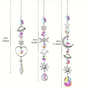 Rainbow Dream Catcher Wind Chime, Silvery Crystal Moon & Sun Wind Chime with Diamond Prism Pendant, Home Decor Hanging Ornament for Living Room, Silvery 1