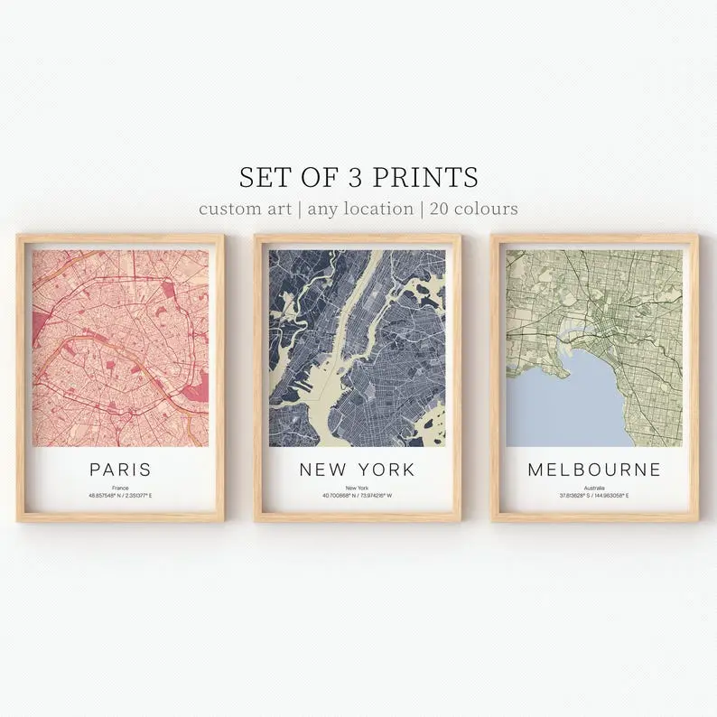 Set of 3 Custom Map, City Map Prints, Custom Location, Personalized Map Wall Art, City Poster Gift, City Map Present, Travel Posters