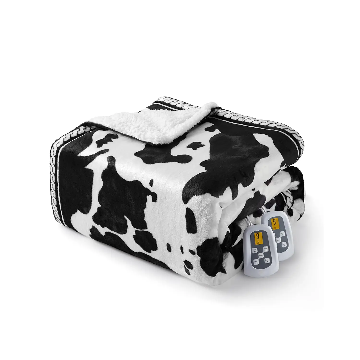 90" x 100"Heated Electric Blanket with LCD Dual Controller, Cow Print Heating Blankets, 10 Heat Levels & 1-12H Time Settings, Machine Washable, Fast Heating,Black and White