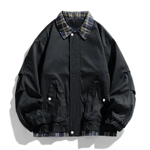 Men's Vintage Plaid Shirt Collar Splicing Jacket Loose Casual Fashion Lapel Workwear Coat Menswear Tops with Plaid Trim Black Color Stylish Office