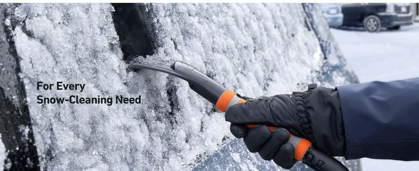 AstroAI 27" Snow Brush and Detachable Ice Scraper with Ergonomic Foam Grip for Cars, Trucks, SUVs (Heavy Duty ABS, PVC Brush, Orange)