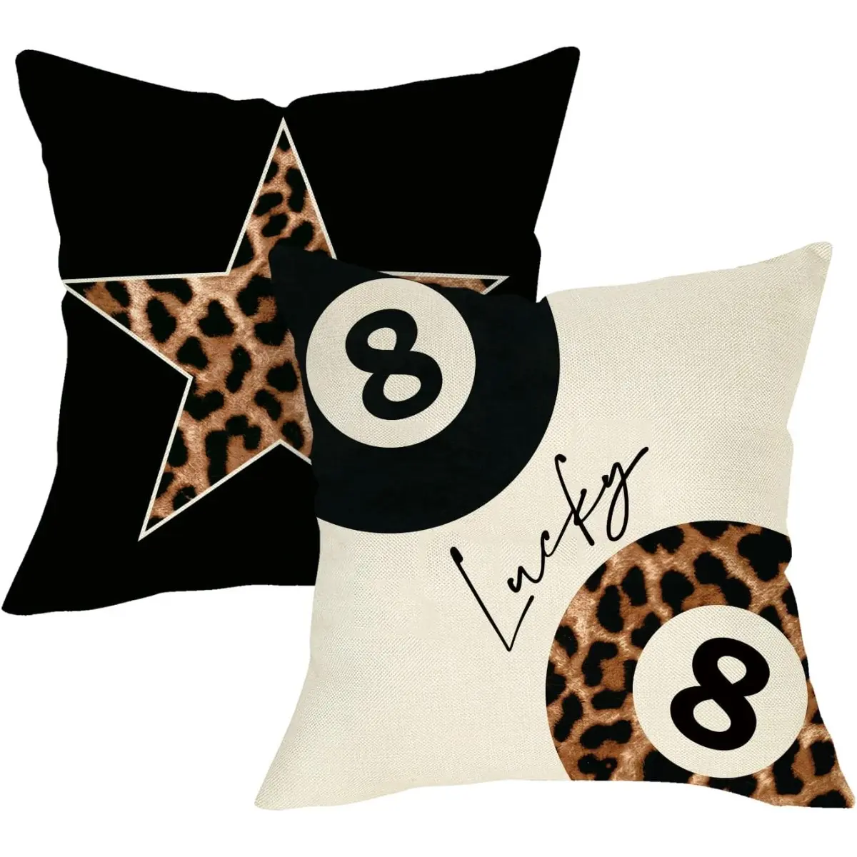 2PC Leopard Print Lucky 8 Ball Decorative Throw Pillow Covers Set of 2, Trendy Cheetah Black Billiards Star Porch Outdoor Home Decor, Funky Girls Dorm Bedroom Sofa Couch Cushion Case
