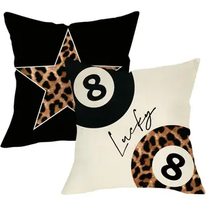 2PC Leopard Print Lucky 8 Ball Decorative Throw Pillow Covers Set of 2, Trendy Cheetah Black Billiards Star Porch Outdoor Home Decor, Funky Girls Dorm Bedroom Sofa Couch Cushion Case