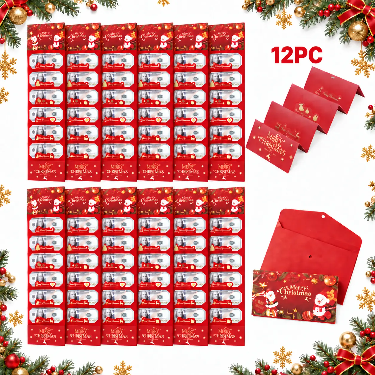 6-Slot Folded Red Christmas Cash Gift Card Holder with Santa Envelope, 1/2 Pack DIY Scrapbooking Accessory for Family