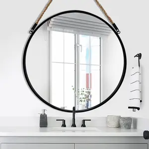 Large Round Hanging Mirror, Circle Wall Mirror with Rope, 30 Inch Black Frame Farmhouse Mirror for Bathroom Bedroom Living Room Entryway Home Decor