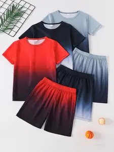 6 Piece Set Gradient Mesh Round Neck Short Sleeve T-Shirts and Shorts, Summer Multi-Piece Set, 7-11y Student Gift, Casual Fitted Style