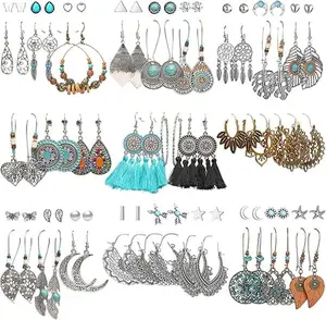 45 Pairs Vintage Silver Drop Dangle Earrings Set for Women Bohemian Bronze Waterdrop Leaf Earrings