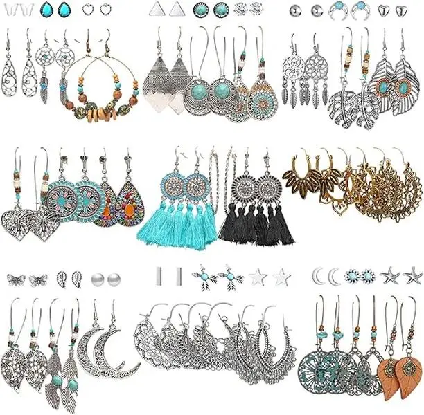 45 Pairs Vintage Silver Drop Dangle Earrings Set for Women Bohemian Bronze Waterdrop Leaf Earrings