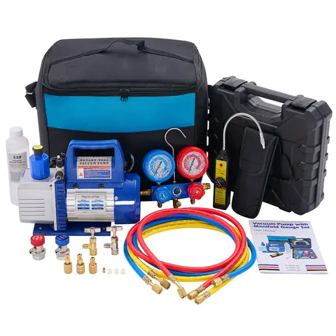 Sweetcrispy 110V 1/3 HP 4CFM Single Stage Vacuum Pump Complete Kit with R134a Manifold Gauge Set, Leak Detector, 4000 psi Hoses, 330ml Capacity, 1/4" Connections, Built-in Fan, Carry Bag for Job Sites, ETL Listed for HVAC AC Refrigeration, Built-In Fan Ke