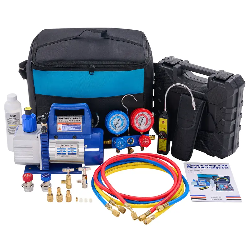 Sweetcrispy 110V 1/3 HP 4CFM Single Stage Vacuum Pump Complete Kit with R134a Manifold Gauge Set, Leak Detector, 4000 psi Hoses, 330ml Capacity, 1/4" Connections, Built-in Fan, Carry Bag for Job Sites, ETL Listed for HVAC AC Refrigeration, Built-In Fan Ke