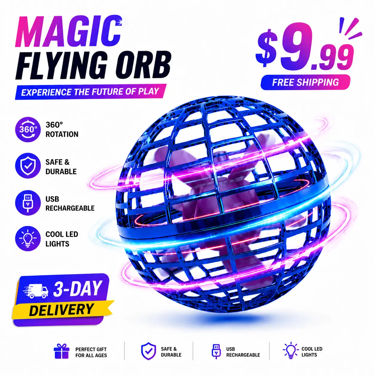 2026 Upgraded Spherical Flying Orb Ball - Dazzling Lights Magic Hover Spinner Cool Boomerang Drone Floating Cosmic Globe Stress Relief Toy with Power Button, Abs-Infused Kids Gift for 6-8/9-10+ Year Olds, Multiplayer Games Compatible