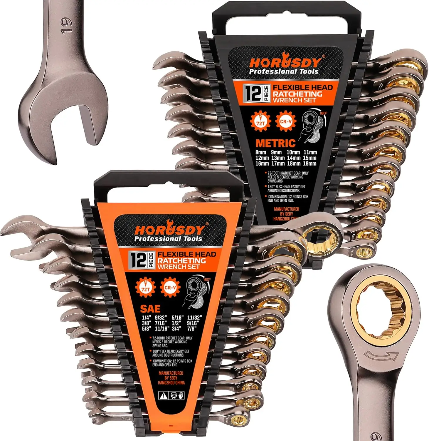 HORUSDY 24-Piece Ratcheting Wrench Set | Metric and SAE | Ratchet Combination Wrenches Set with Organizer | 72-Teeth | Chrome Vanadium Steel | 8-19 mm