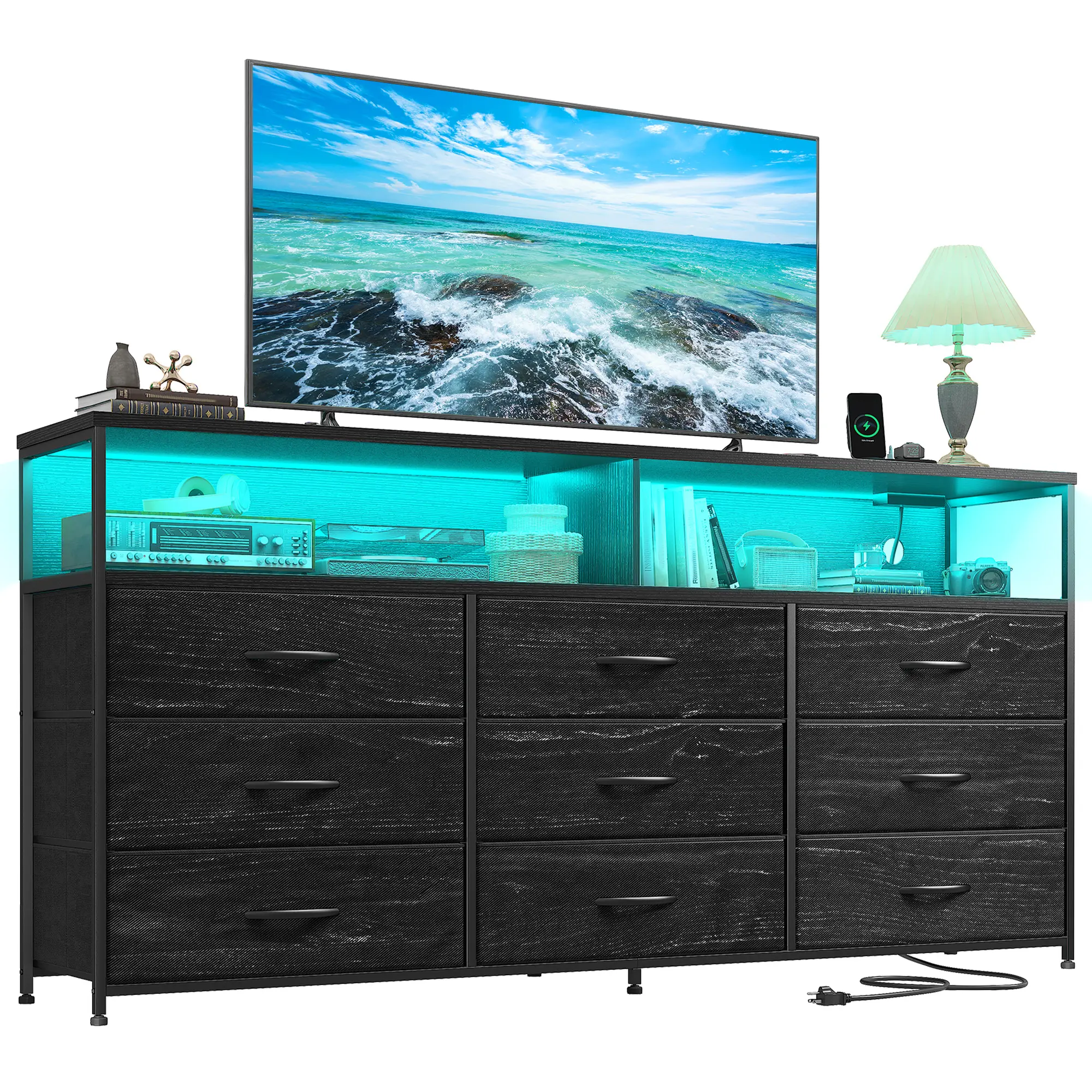 Raybee Modern Style 55”W 9-Dressers LED TV Stand with Power Outlets,Suitable for 45/55/65 inches TV, Sturdy Long Chest of Fabric Drawers with Extra 2 Wooden Shelves Steel Frame, spacious storage space for Bedroom, Closet, Entryway, Easy to assemble, Black