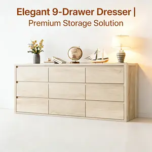 LH-Garvee Farmhouse Rustic Storage Dresser,Wooden 9 Drawer Cabinet,Wooden Drawer Dresser, Handle-Free Storage Cabinet with Drawers Modern Geometric Console Table Corduroy Sofa bed frame LED Glass Top coffee espresso stand gaming desks Folding Armrest Tray