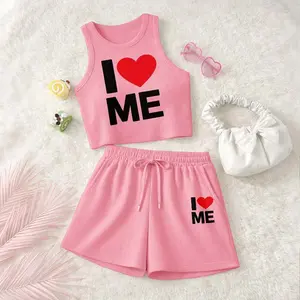 Women's I Love Me Print Casual Slim-Fit Vest And Drawstring Shorts Two-Piece Set, Perfect For Summer Wear, A Must-Have For Back-To-School Season.