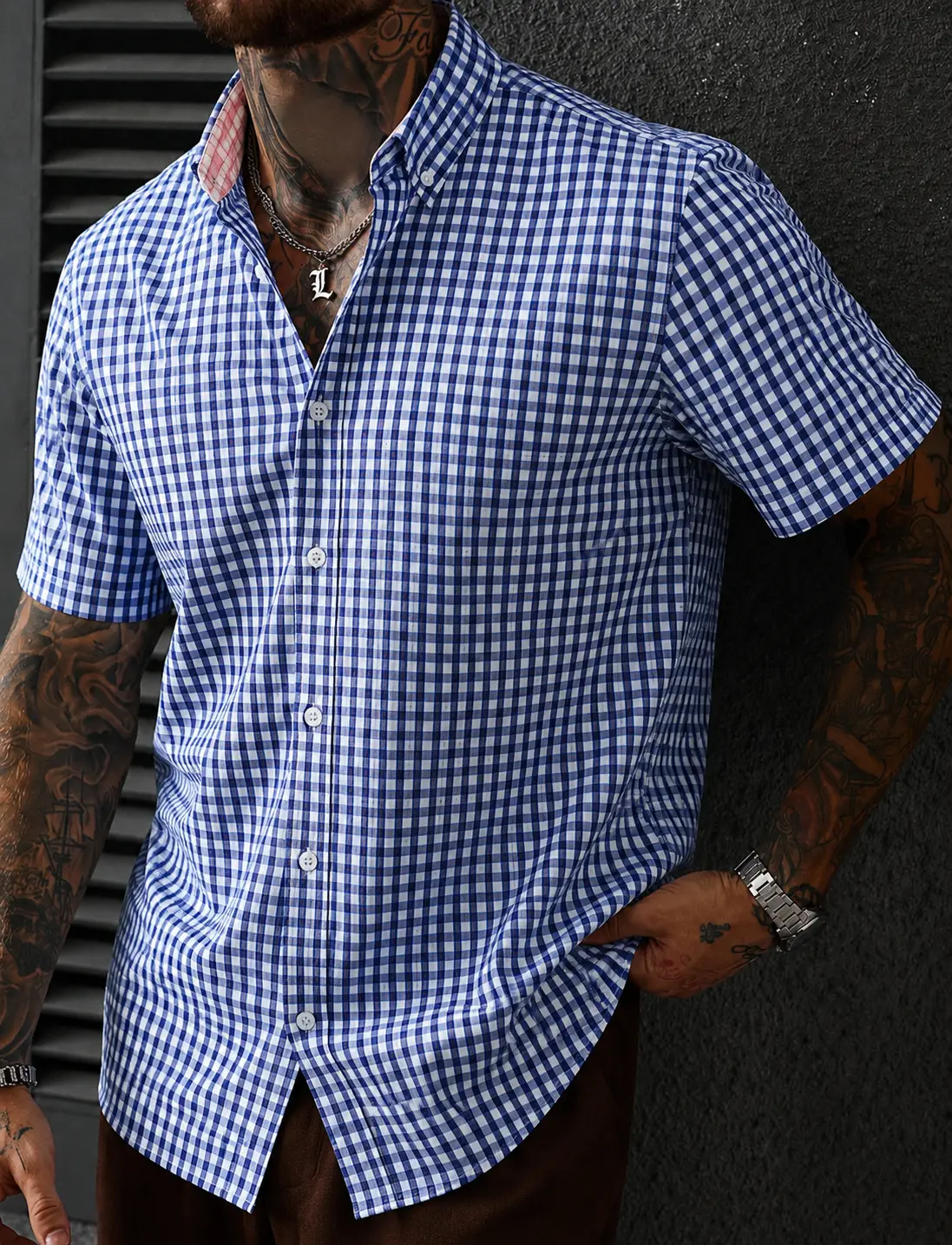 Men's Short Sleeve Plaid Button Down Shirt Casual Lightweight Summer Checked Shirt with Contrast Collar Lining
