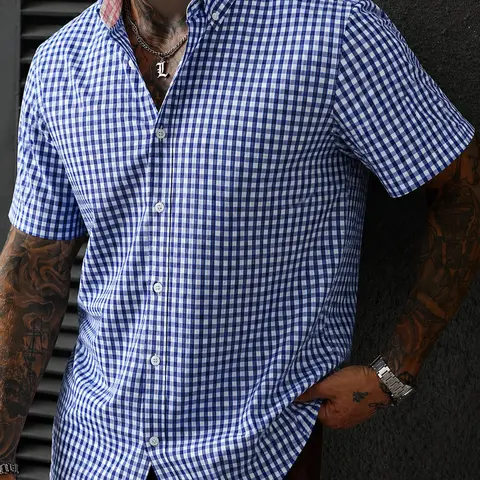 Men's Short Sleeve Plaid Button Down Shirt Casual Lightweight Summer Checked Shirt with Contrast Collar Lining