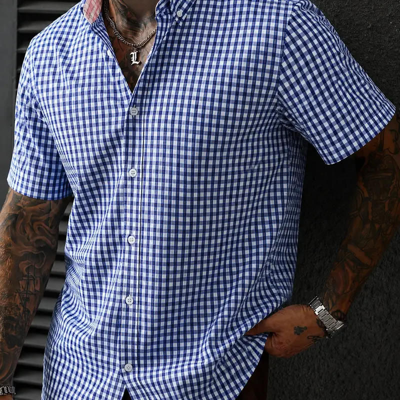 Men's Short Sleeve Plaid Button Down Shirt Casual Lightweight Summer Checked Shirt with Contrast Collar Lining