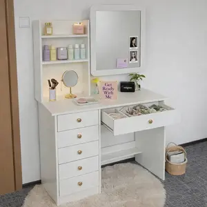 Gift  Apartment-Style Dressing  Compact Vanity Desk  Mirror & Lockable Cabinet, 3-Tier Makeup   Storage Shelves For Bedroom, Modern Nordic Space-Saving Dressing  80*40*130cm Table with Mobile Standing Wheels Handle Vertical Dresser Marble Dining