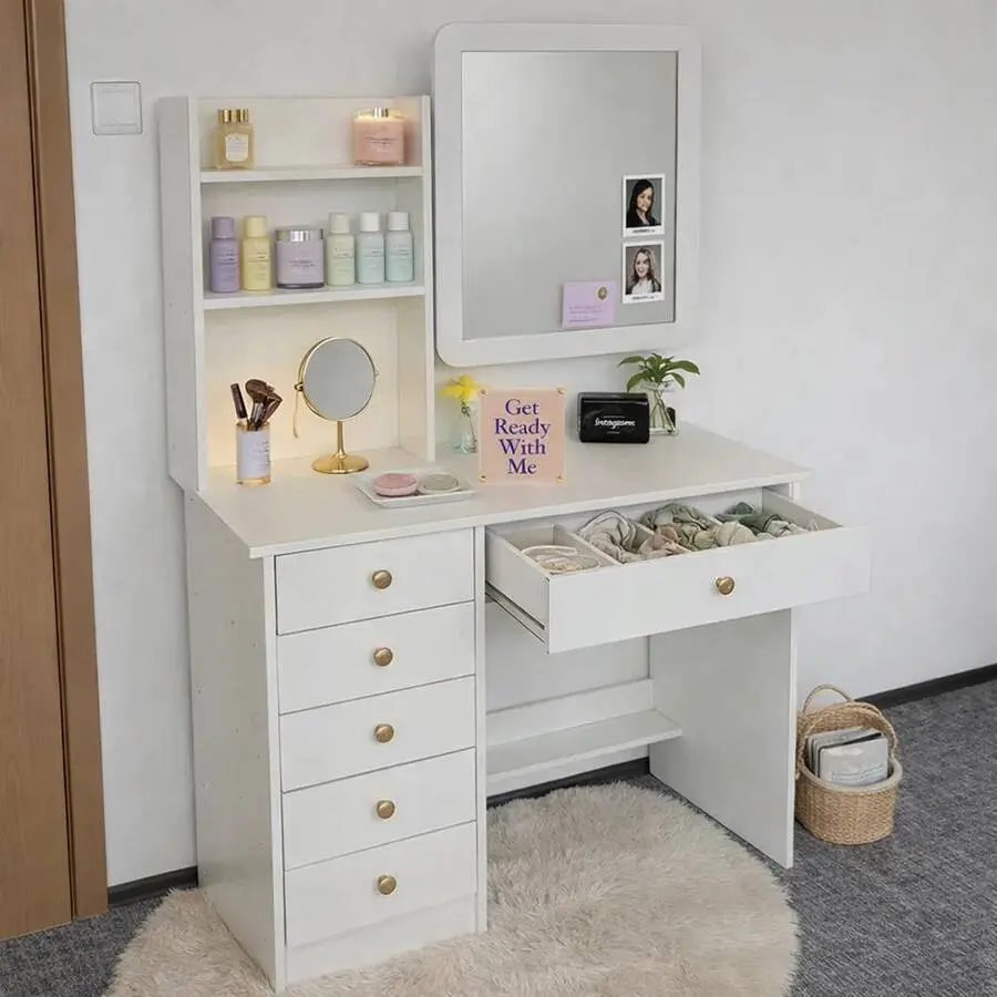 Square Mirror Dressing Table with USB/DC Power Connection, Lockable Cabinet, 3-Tier Storage Shelves, Drawers, Mobile Wheels, Handle, 80*40*130cm Modern Nordic Space-Saving Vertical Vanity Desk for Bedroom, 1 Screwdriver & 1 USB Power Cable Included, Usb O