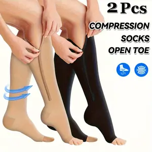 [Thermal Compression Socks] 2 Pairs Thermal Compression Socks - Open Toe, Polyester 85%, Elastane 13%, Spandex 2%, All-Season, Hand Wash, Solid Color, Zipper Closure for Running & Athletics