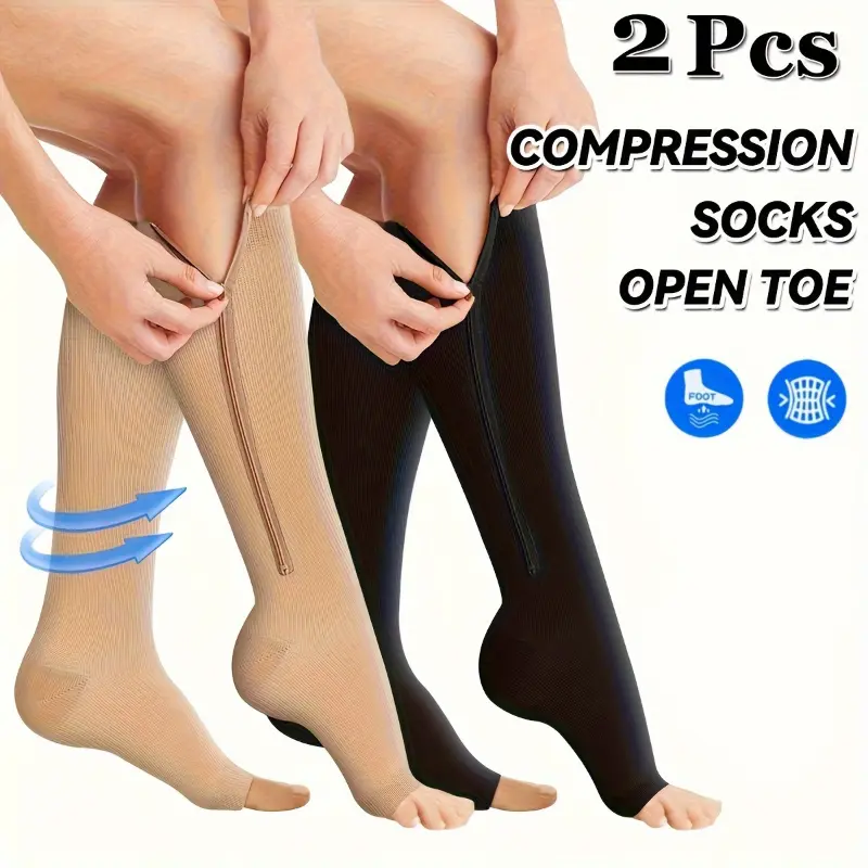 [Thermal Compression Socks] 2 Pairs Thermal Compression Socks - Open Toe, Polyester 85%, Elastane 13%, Spandex 2%, All-Season, Hand Wash, Solid Color, Zipper Closure for Running & Athletics
