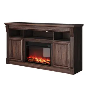 58 Inch Farmhouse Fireplace TV Stand, Wooden Entertainment Center with Storage Cabinets, Grey Media Console Fits Up to 65 Inch TV for Living Room
