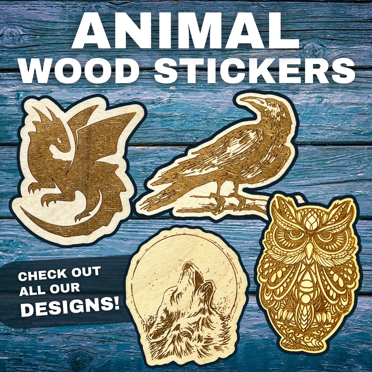 Animal Wood Stickers for Laptops & More Decor Wooden Set Decorative