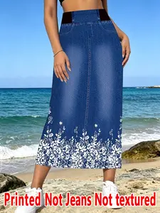 Women's Denim Print Long Skirt, High-Waisted Loose-Fit Casual Skirt, All-Over Print, Natural Waist, Spring & Summer Fashion