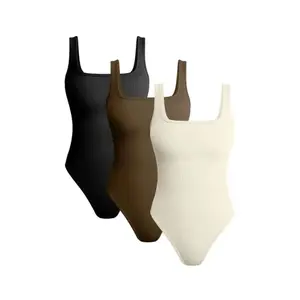 Women's 3 Piece Bodysuits Sexy Ribbed Sleeveless Square Neck Sleeveless Tank Tops Bodysuits