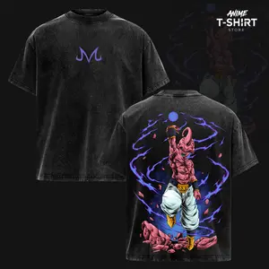 Majin Buu Anime Washed Oversized T-Shirt Hoodie, Vintage Acid Wash Heavyweight Cotton, Dark Anime Villain Graphic Back Print, Streetwear Loose Fit Unisex Top, Retro Japanese Anime Shirt Hoodie Gift for DBZ Fans