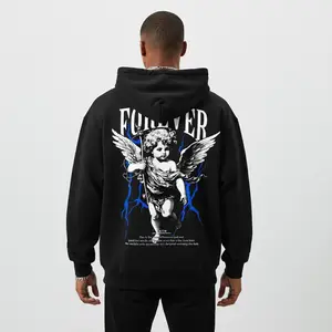 Men's graphic angel with lightning Graphic Hoodie - Cotton Blend Black Long Sleeve Pullover Regular Fit |   Soft & Breathable Fabric, Durable Print, Everyday Comfort, Machine Washable, emo, 2000s style casual wear