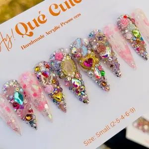 Girly Things Stiletto Press On Acrylic Nails Length Multicolor Handmade Iridescent Glitter Gel Polish USA Made Easy Apply Reusable Salon-Quality Maximalist Style