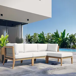 Modway Clearwater Outdoor Patio Teak Wood 4-Piece Sectional Sofa in Gray White
