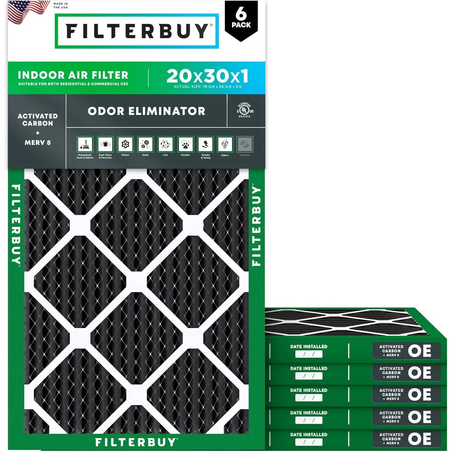 Filterbuy New 20x30x1 Rectangular Pleated Type HVAC AC Furnace Air Filters (6-Pack) - Odor Eliminator, MERV 8, Eco-Friendly, Electrostatic Charge, Synthetic Media, Actual Size 19.63x29.63x0.75in