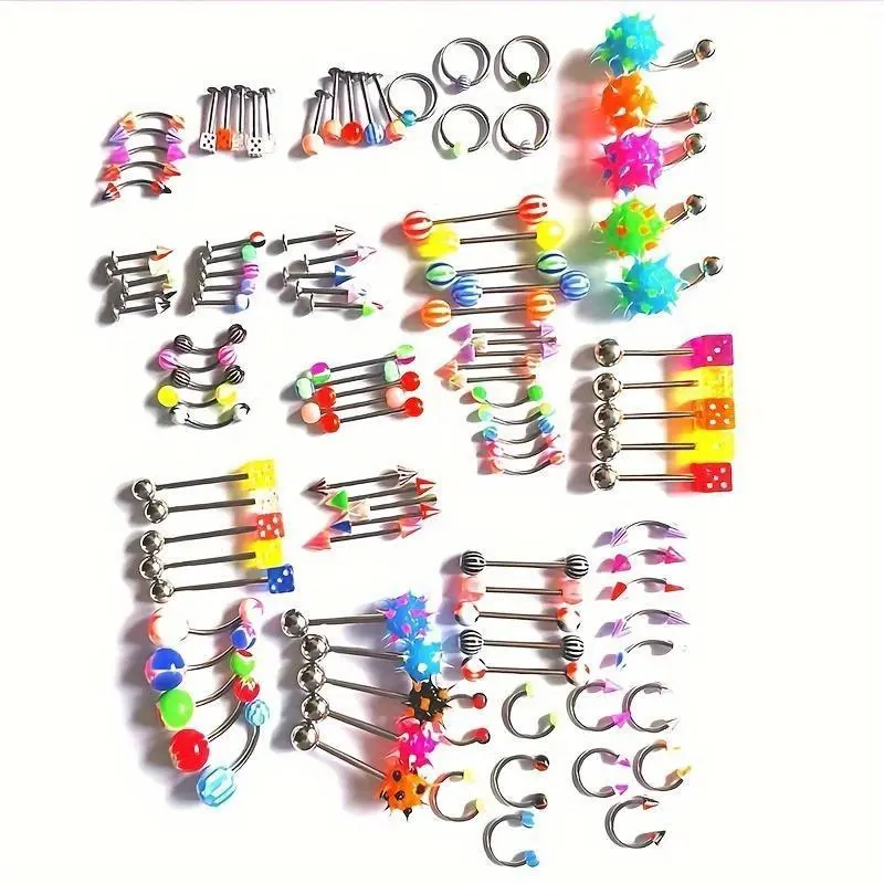 105/110pcs Punk Style Body Jewelry Set - Acrylic Bead, Stainless Steel Rod, Includes Tongue Bell, Eyebrow Rings, Navel Hoops, Lip Plugs, Nose Rings for Daily Wear & Parties