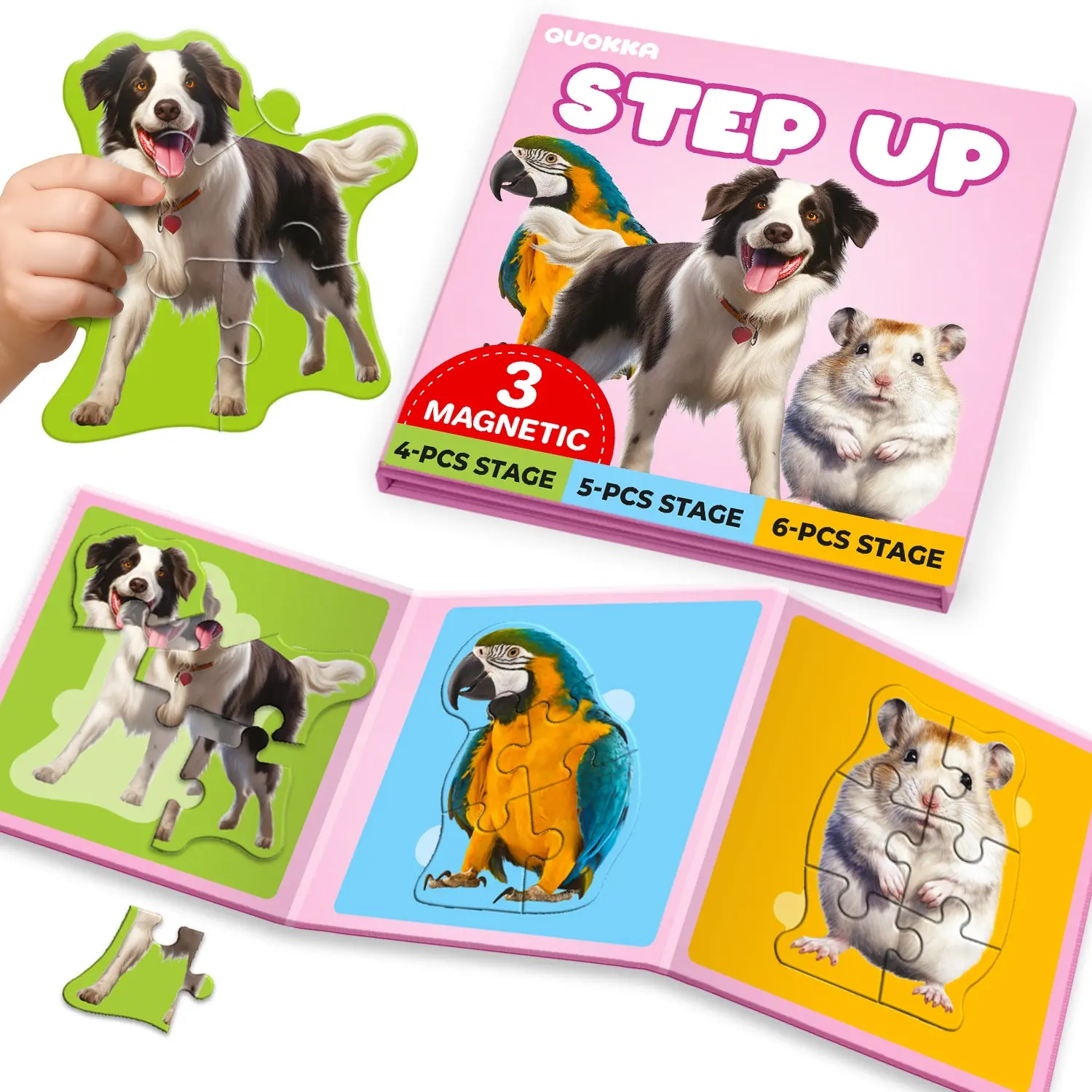 QUOKKA Magnetic Step-Up Animal Puzzle Book - Intermediate Rectangular Quiet Play Toy (3-4 Years), 5.9x17.7in Travel Puzzle Set, Boosts Children Development, Confidence & Early Problem-Solving Skills