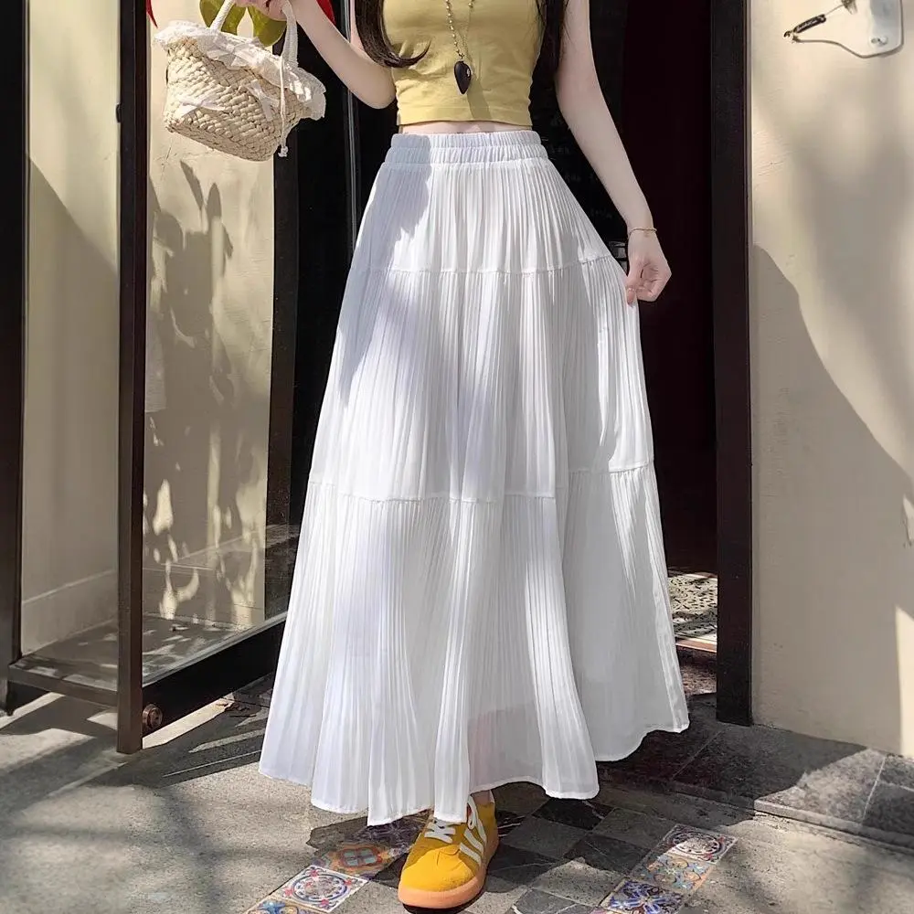 Trendy 2026 Chiffon Pleated Skirt, Lined Flowy Swing Long Skirt for Daily & Vacation