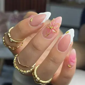 24pcs French Gold Edge 3D Flower Press-On Nails, Nail Art Decoration, Nail Art Design, DIY Nail Art, Handmade Texture, 2-Minute Application, No Damage, Daily Use, Easy and Convenient