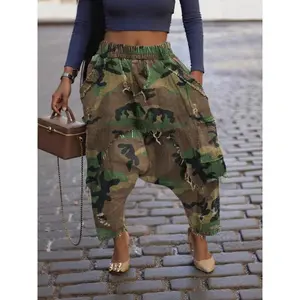 Women’s camo distressed harem pants, loose street-style low-rise fit, casual fitted denim jeans, casual bohemian trousers, all-season fashion